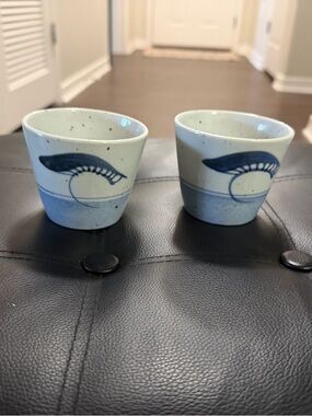 Hand-Painted Ceramic Sake Cups in Blue and White (Set of 2)